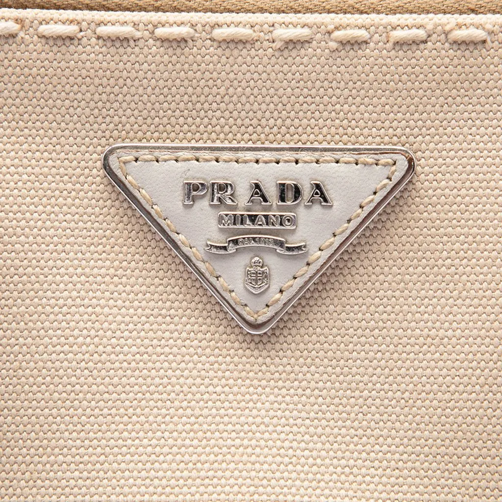Prada Small Canvas and City Calf Stitch Galleria Double Zip Satchel Beige Canvas Good - Box View