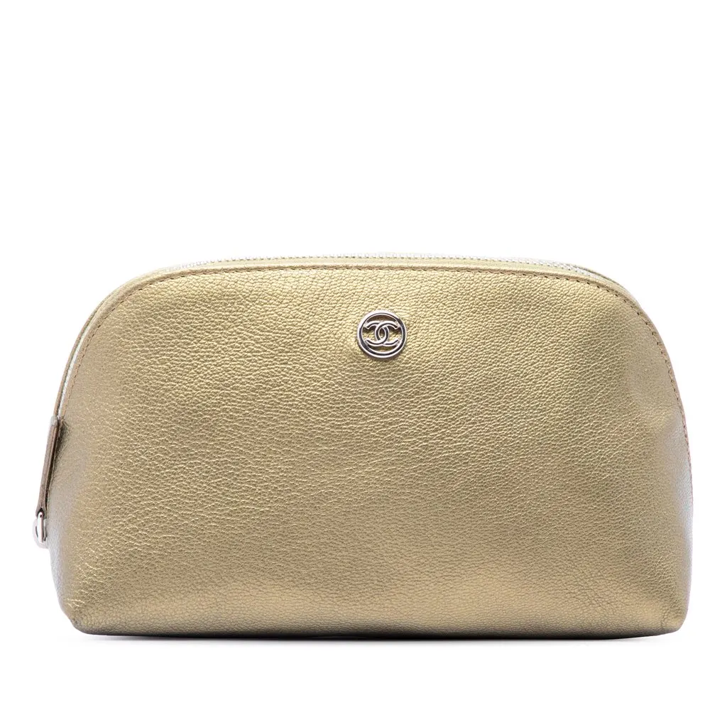 Chanel CC Metallic Calfskin Cosmetic Pouch Gold Leather Very good - Front View