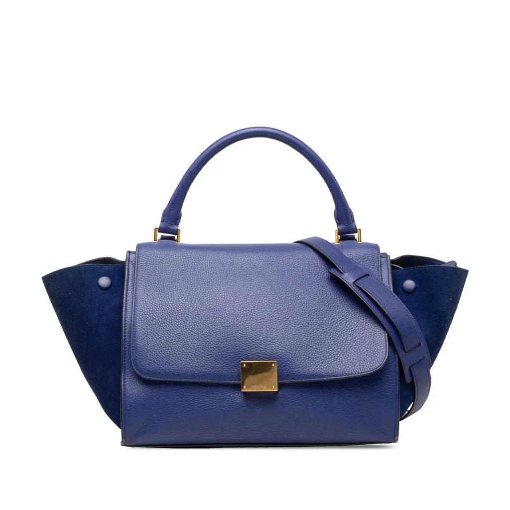 Celine Small Calfskin and Suede Trapeze Satchel Blue Leather Very good - Front View