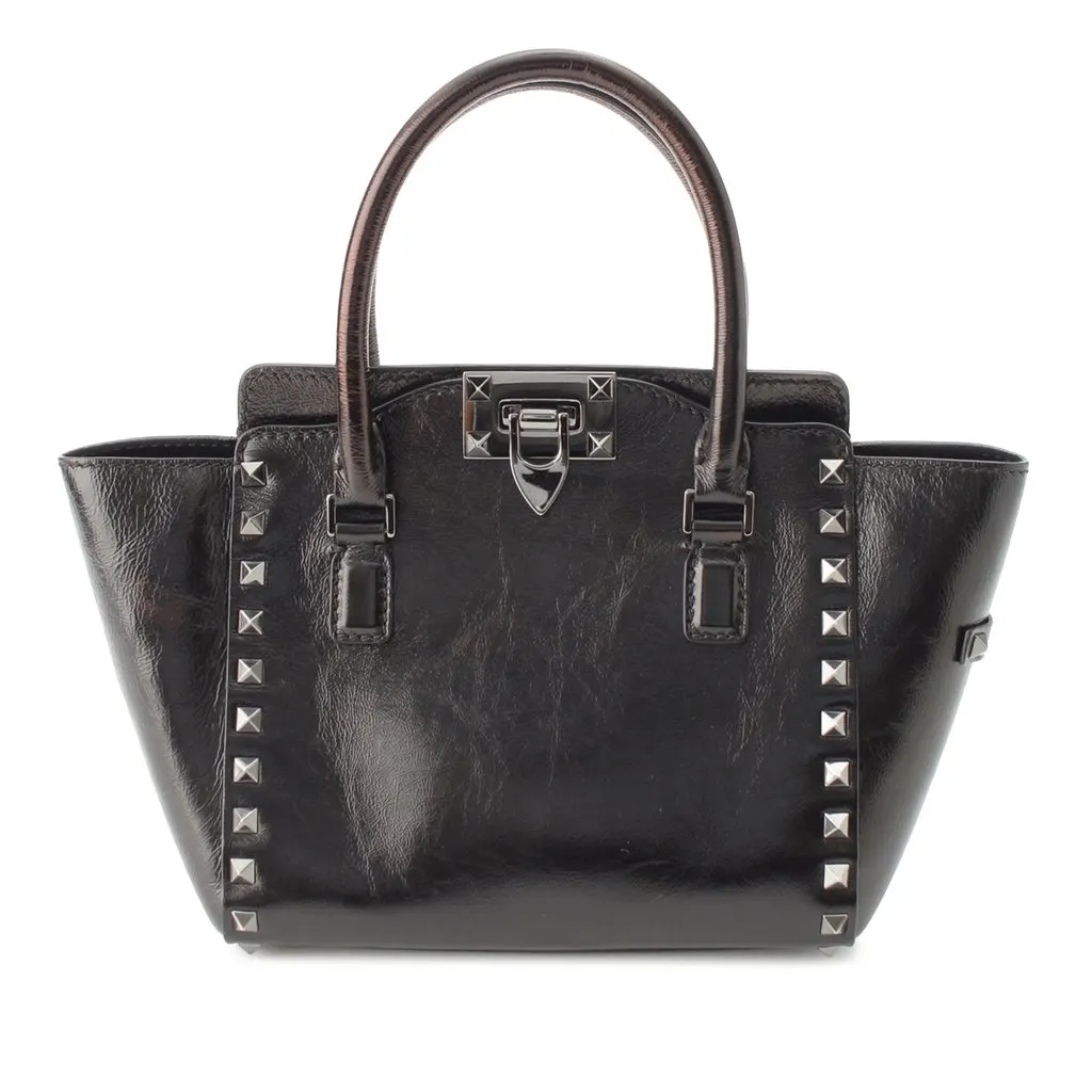 Valentino Small Crinkled Calfskin Rockstud Double Handle Tote Black Leather Very good - Front View