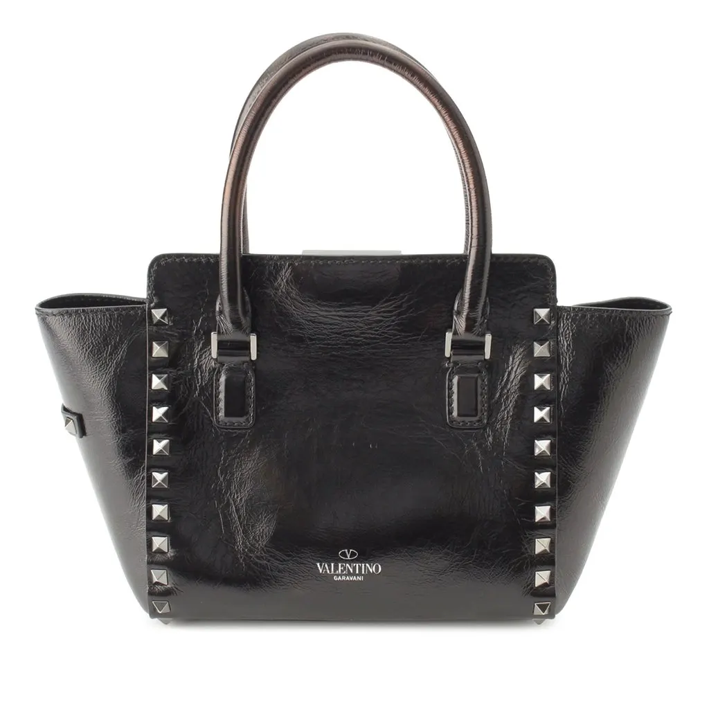 Valentino Small Crinkled Calfskin Rockstud Double Handle Tote Black Leather Very good - Back View