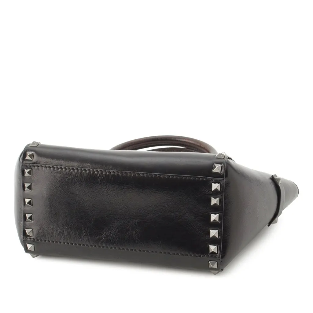 Valentino Small Crinkled Calfskin Rockstud Double Handle Tote Black Leather Very good - Inside View
