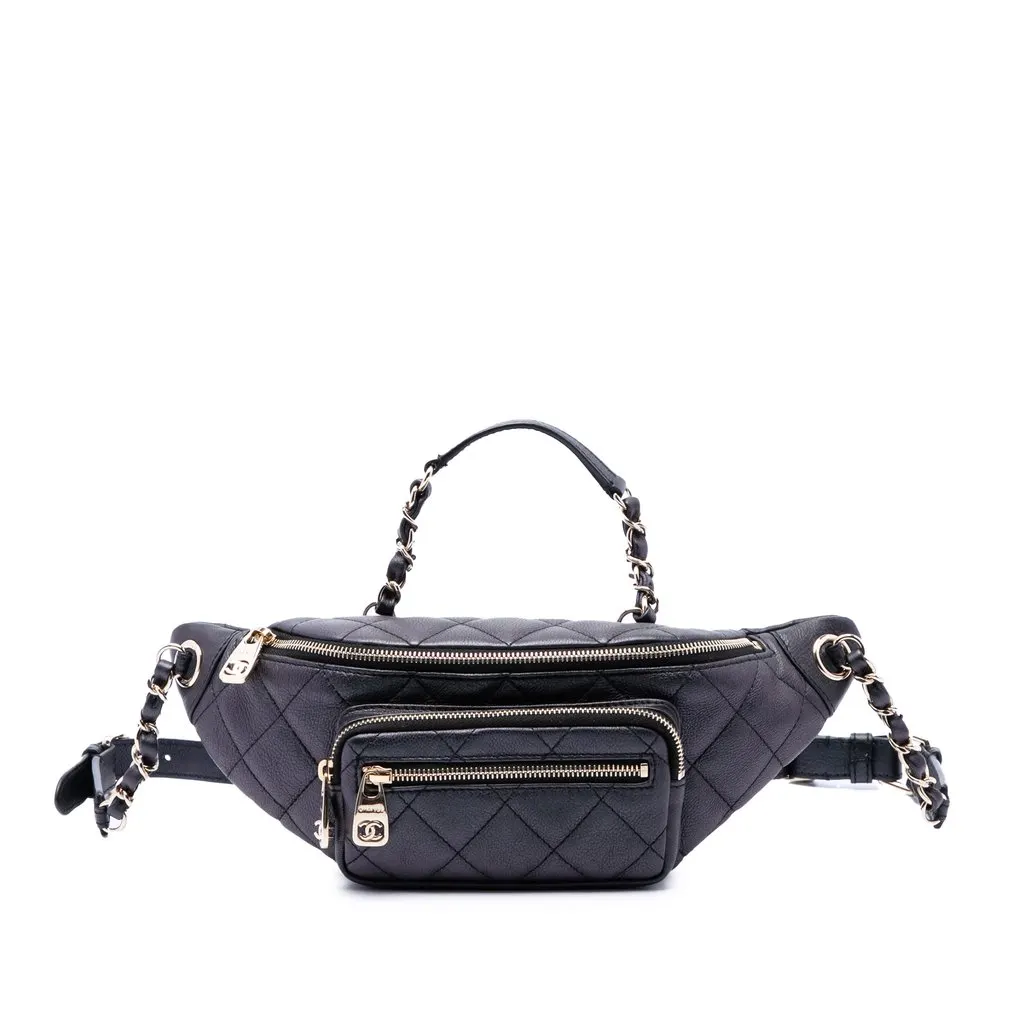 Chanel Iridescent Calfskin All About Waist Belt Bag Black Leather Good - Front View