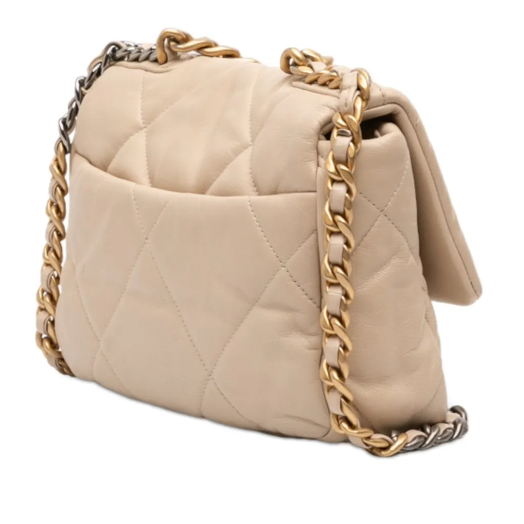 Chanel Medium Lambskin 19 Flap Beige Leather Good - Back View