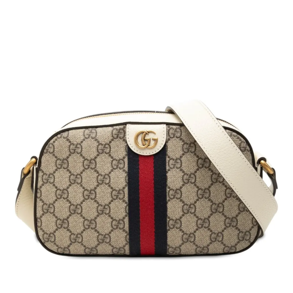 Gucci Small GG Supreme Textured Calfskin Web Ophidia Camera Bag Beige Very good - Front View
