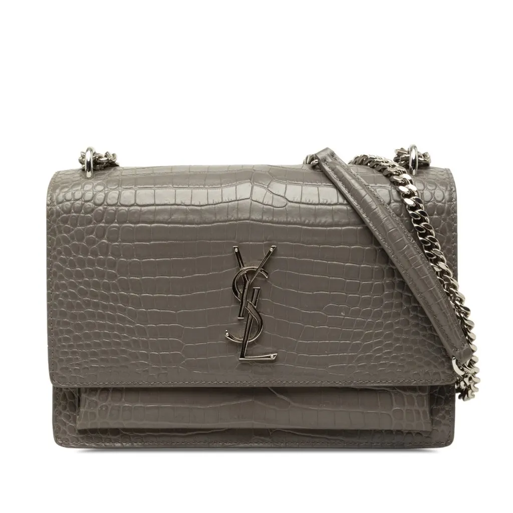 Saint Laurent Medium Croc Embossed Leather Monogram Sunset Crossbody Grey Leather Good - Front View