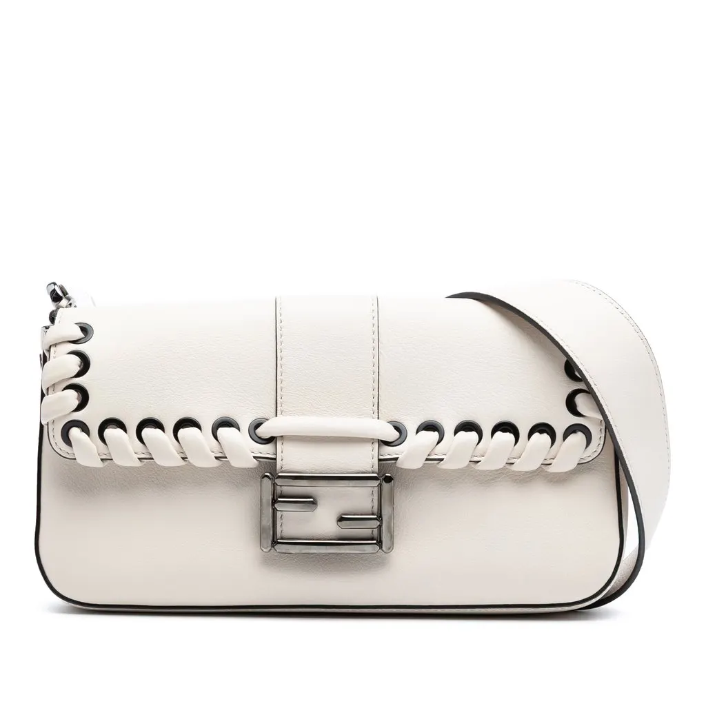 Fendi Whipstitch Leather Baguette Crossbody White Leather Very good - Front View