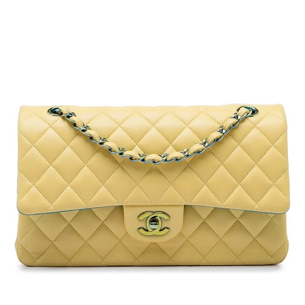 Chanel Medium Classic Lambskin Double Flap Yellow Leather Very good - Front View