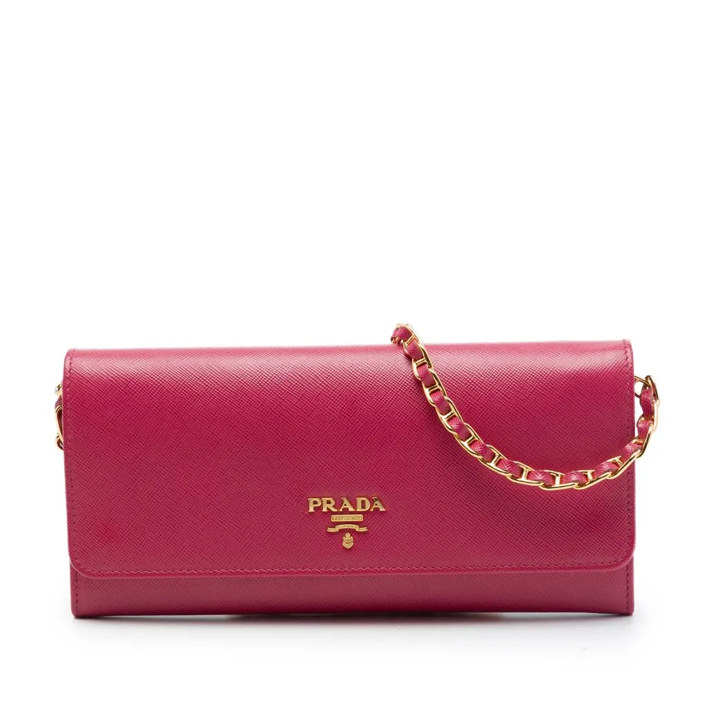 Prada Saffiano Wallet On Chain Pink Leather Very good - Front View