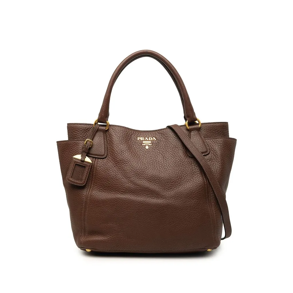 Prada Vitello Daino Side Pocket Convertible Tote Brown Leather Very good - Front View