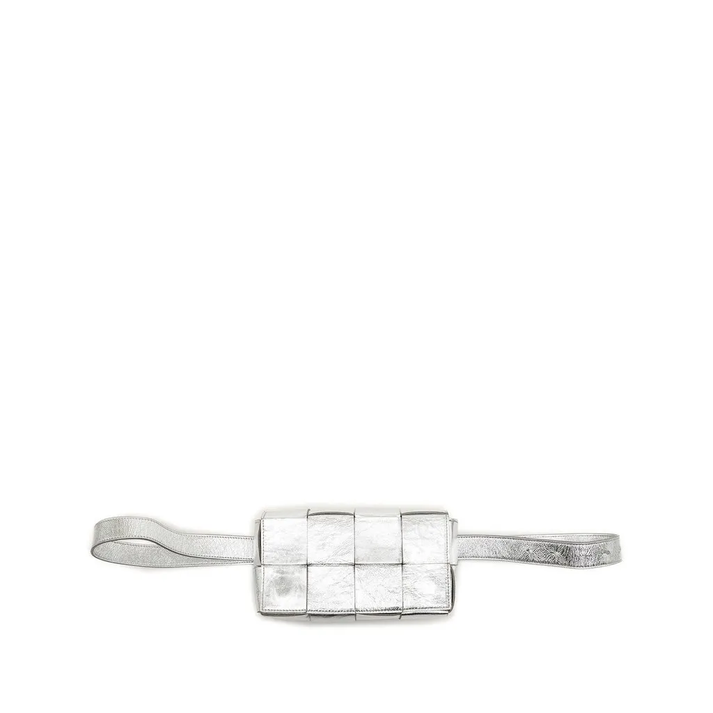 Bottega Veneta Mini Paper Calfskin Intrecciato Cassette Belt Bag Silver Leather Very good - Front View