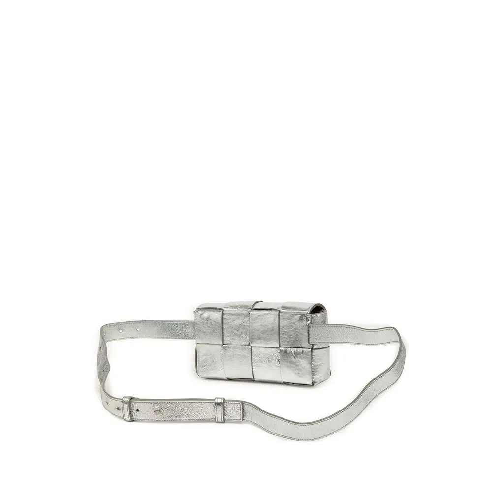 Bottega Veneta Mini Paper Calfskin Intrecciato Cassette Belt Bag Silver Leather Very good - Back View