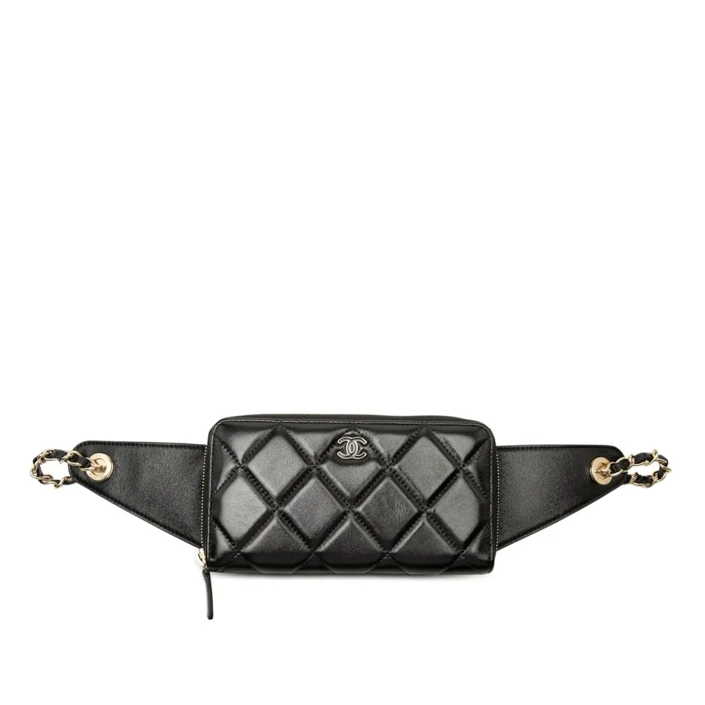Chanel CC Quilted Lambskin Waist Chain Wallet Black Leather Very good - Front View