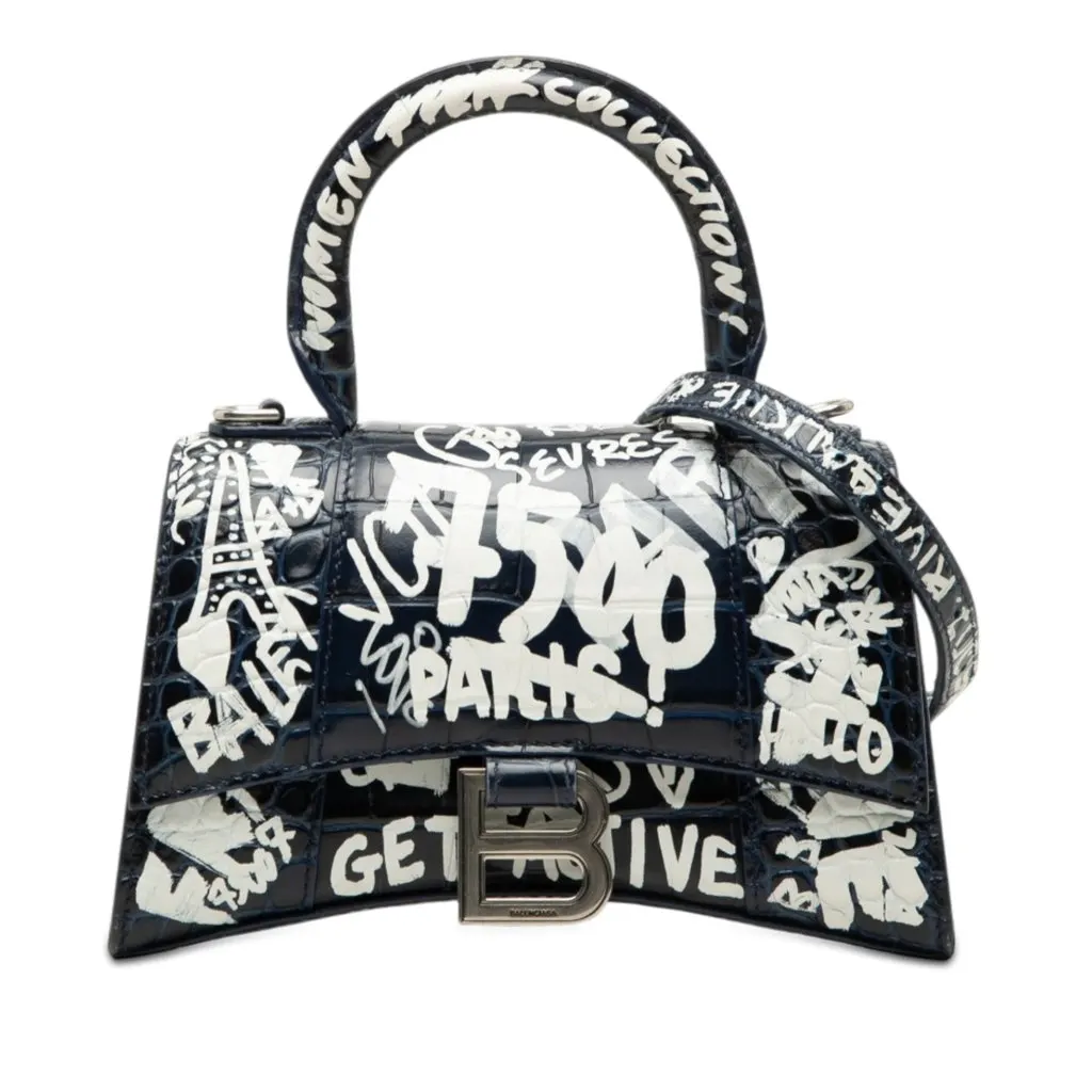 Balenciaga Croc Embossed Calfskin Graffiti Hourglass Top Handle Bag XS Blue Leather Very good - Front View
