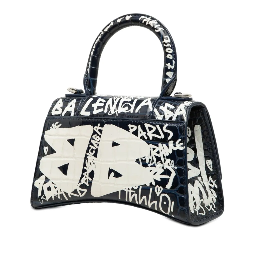 Balenciaga Croc Embossed Calfskin Graffiti Hourglass Top Handle Bag XS Blue Leather Very good - Back View