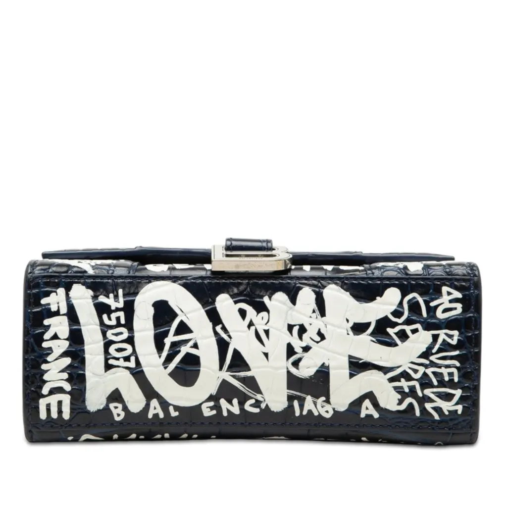 Balenciaga Croc Embossed Calfskin Graffiti Hourglass Top Handle Bag XS Blue Leather Very good - Inside View
