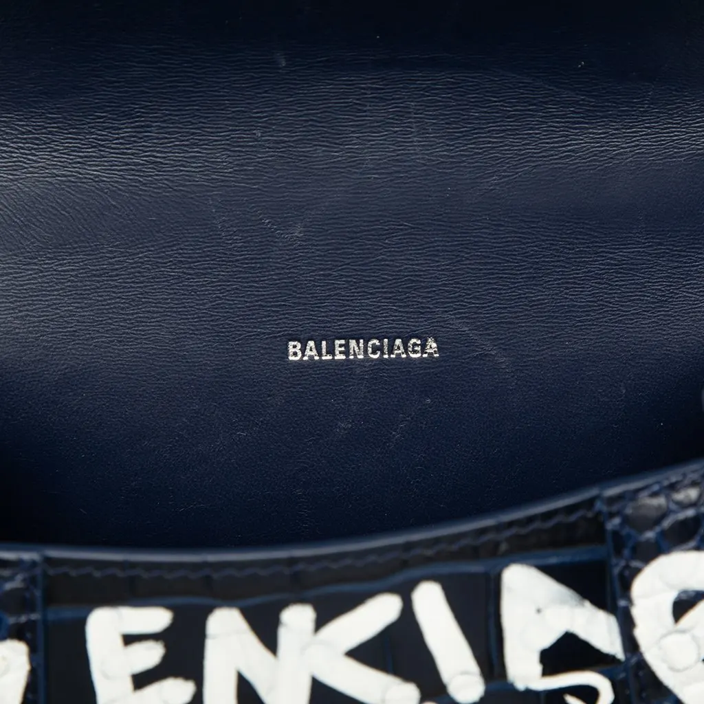 Balenciaga Croc Embossed Calfskin Graffiti Hourglass Top Handle Bag XS Blue Leather Very good - Box View