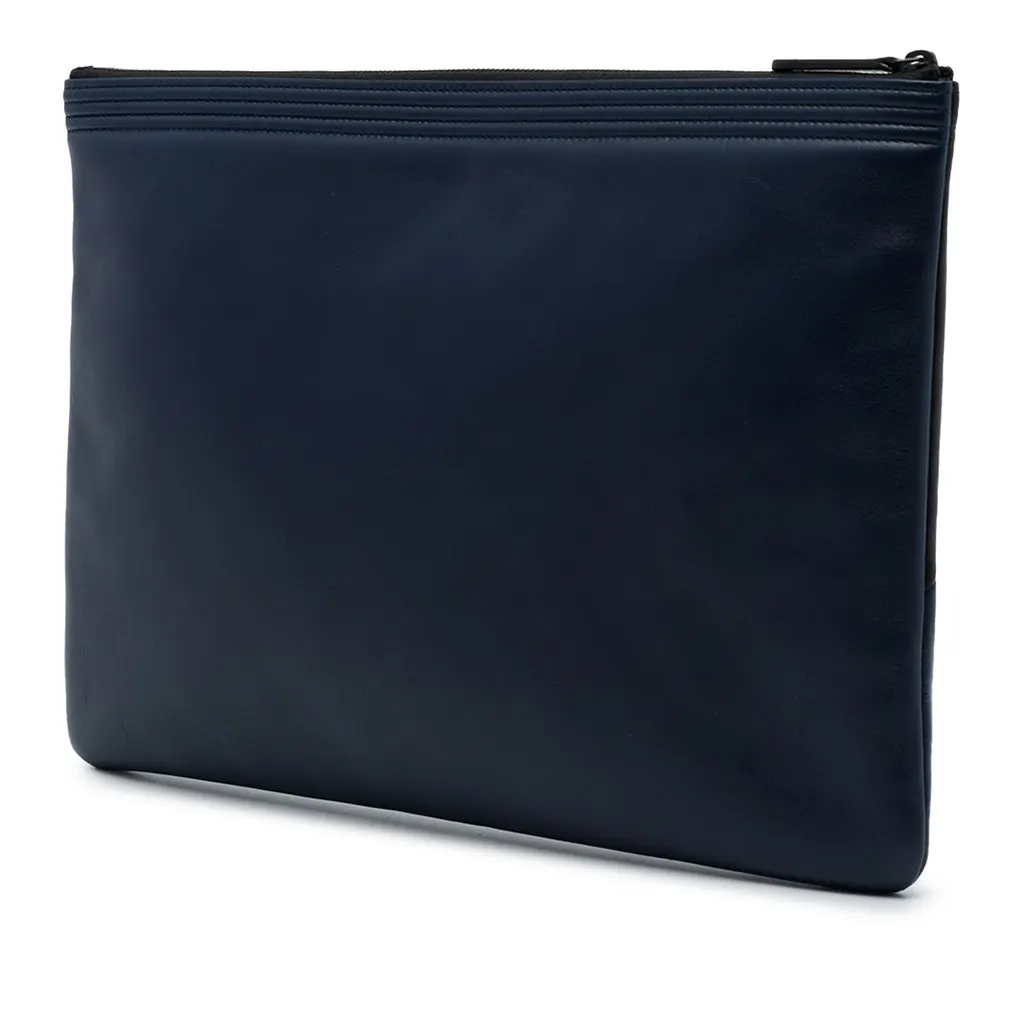 Chanel Large Bicolor Lambskin Boy O Case Clutch Blue Leather Very good - Back View
