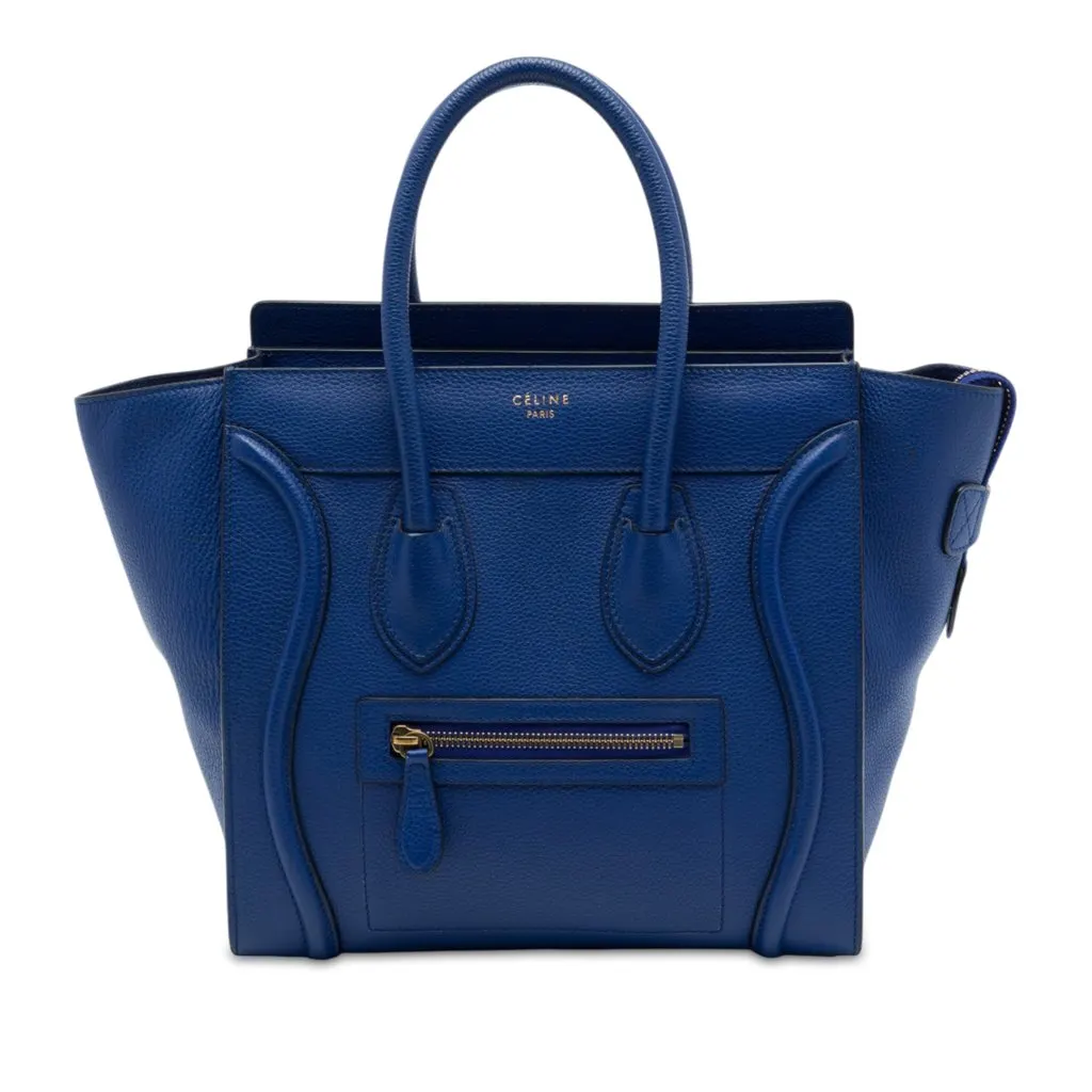 Celine Micro Drummed Calfskin Luggage Tote Blue Leather Very good - Front View