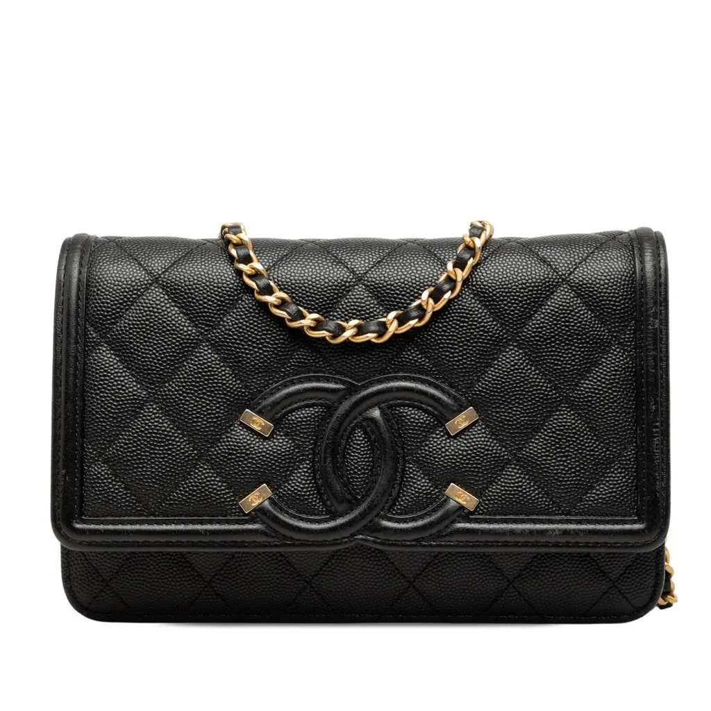 Chanel Caviar CC Filigree Wallet On Chain Black Leather Very good - Front View
