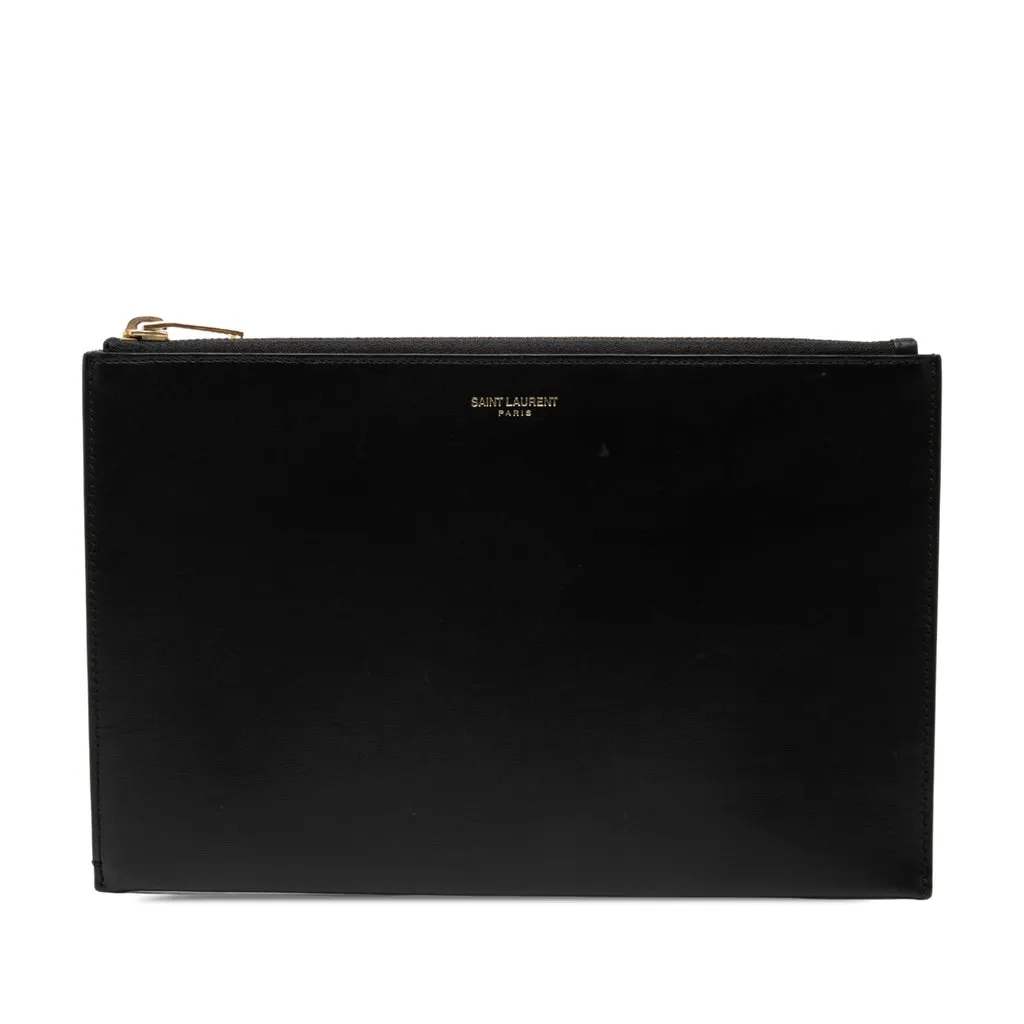Saint Laurent Leather Zip Clutch Black Leather Very good - Front View