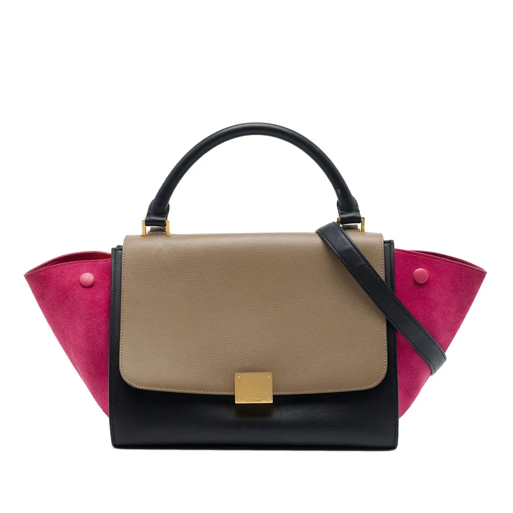 Celine Small Tricolor Calfskin and Suede Trapeze Satchel Black Leather Good - Front View