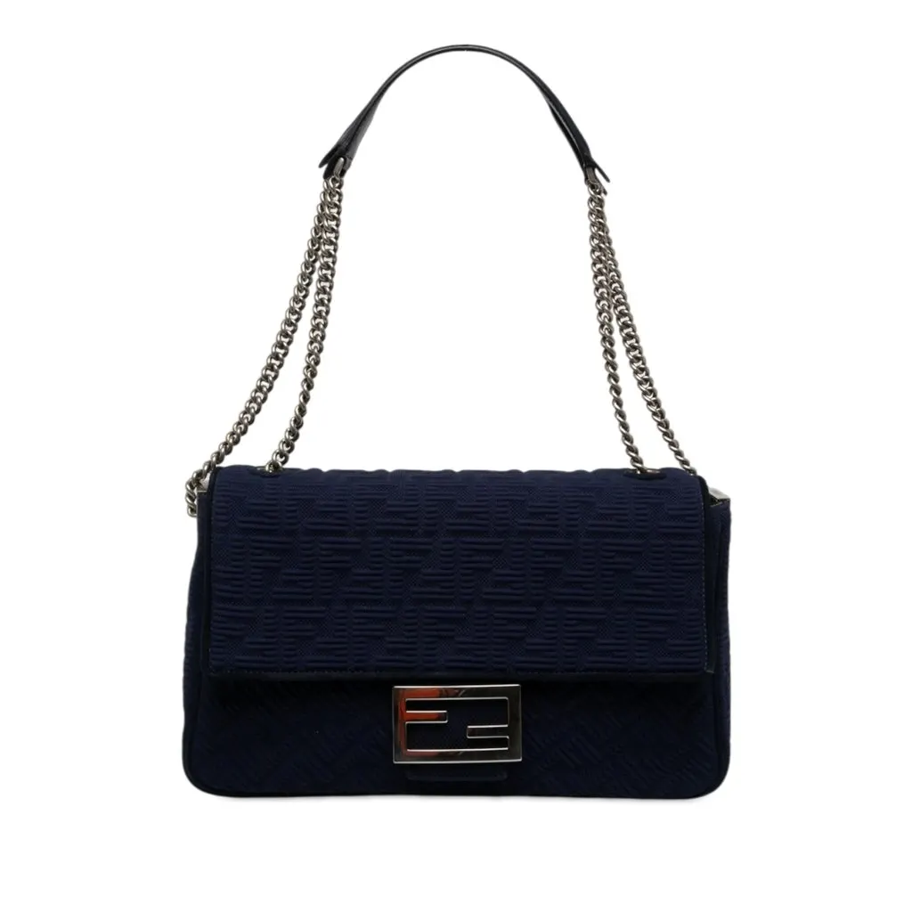Fendi Large Zucca Embossed Technical Fabric Chain Midi Baguette Blue Polyamide Very good - Front View