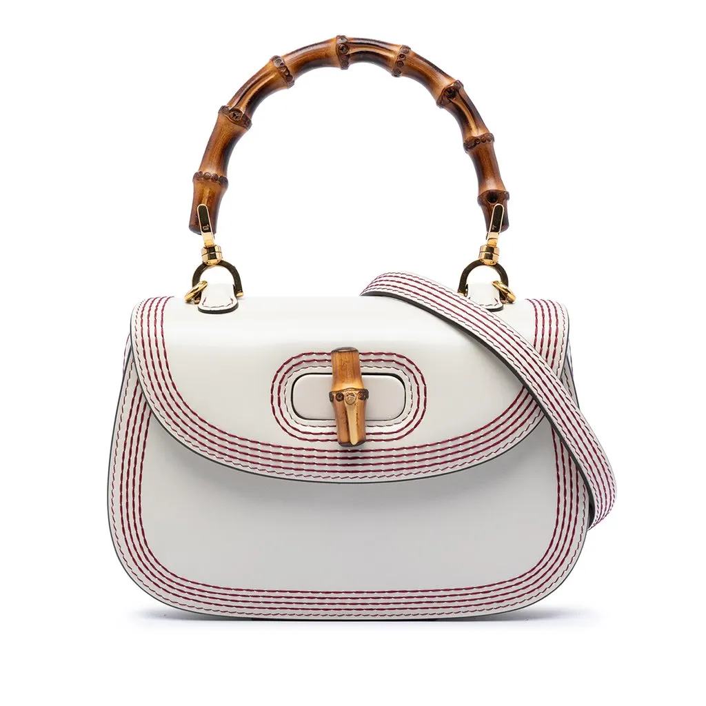 Gucci Small Calfskin Stitched Bamboo 1947 Top Handle Bag White Leather Very good - Front View