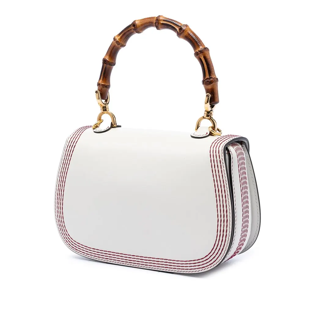 Gucci Small Calfskin Stitched Bamboo 1947 Top Handle Bag White Leather Very good - Back View