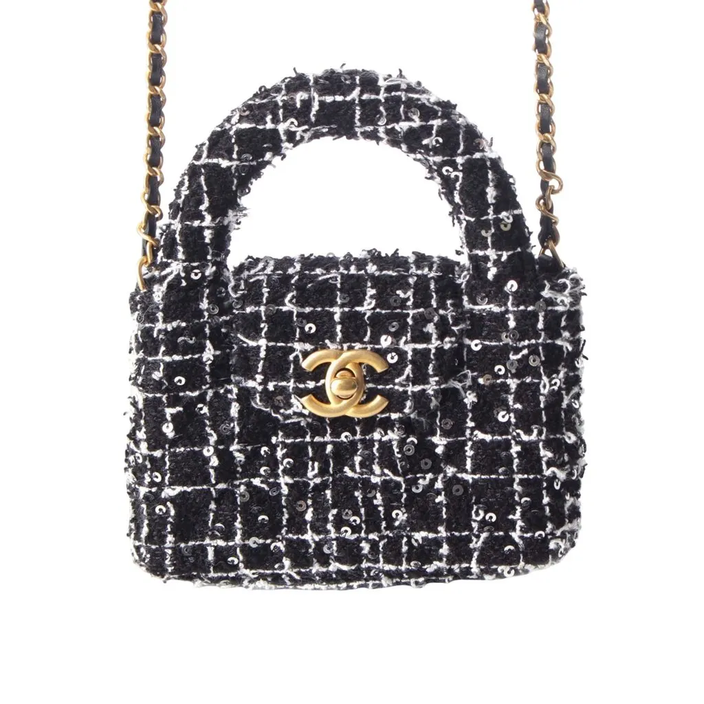 Chanel Nano Tweed Kelly Clutch on Chain Black Very good - Front View