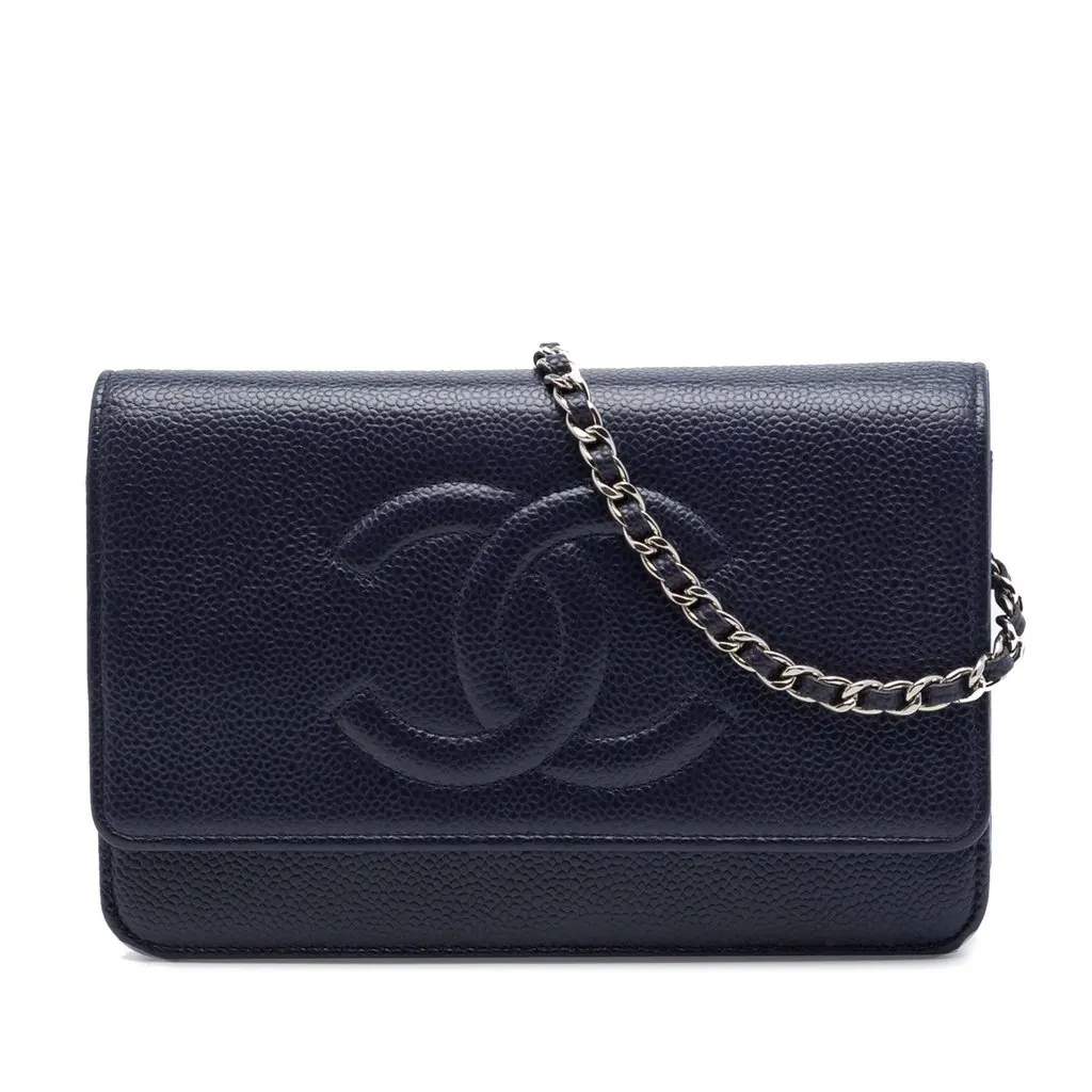 Chanel CC Caviar Wallet On Chain Blue Leather Very good - Front View