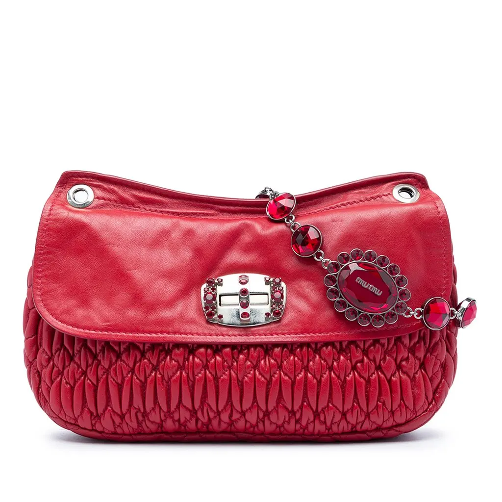 Miu Miu Matelasse Nappa Crystal Chain Crossbody Red Leather Good - Front View