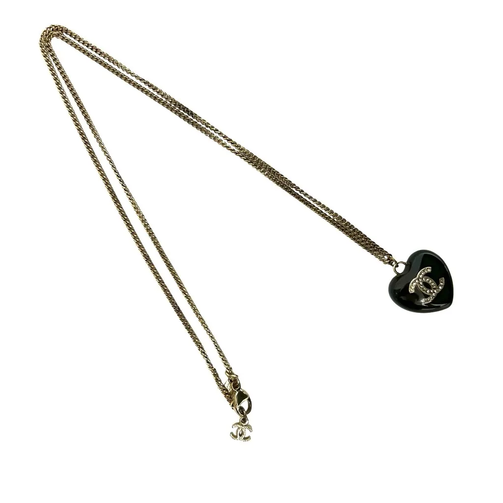 Chanel Gold Plated Resin Crystal CC Pendant Necklace Black Plastic Very good - Front View