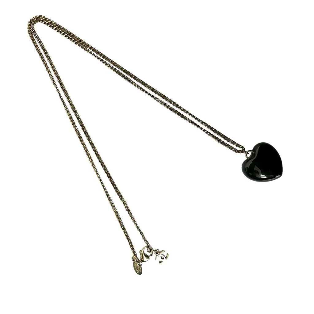 Chanel Gold Plated Resin Crystal CC Pendant Necklace Black Plastic Very good - Back View