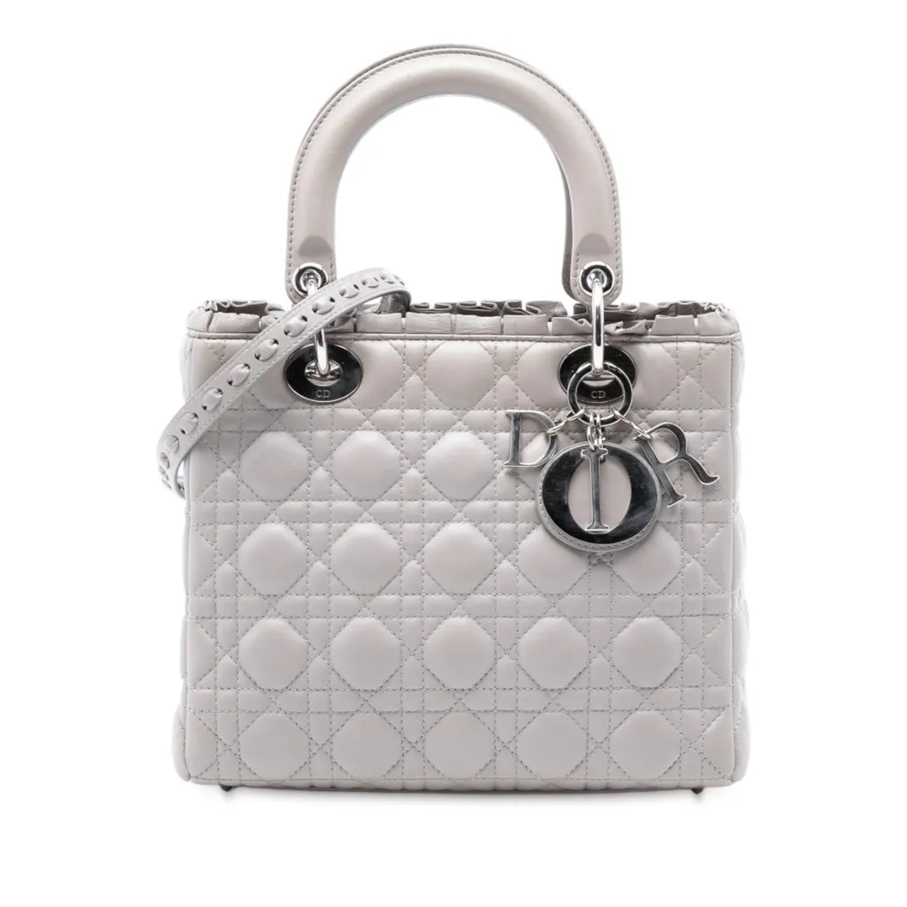 Dior Medium Lambskin Cannage Ruffle Lady Dior Silver Leather Very good - Front View