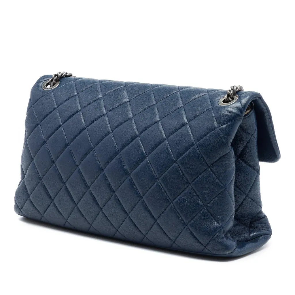 Chanel Large Quilted Shiny Sheepskin Burgundy Rocks Flap Blue Leather Very good - Back View