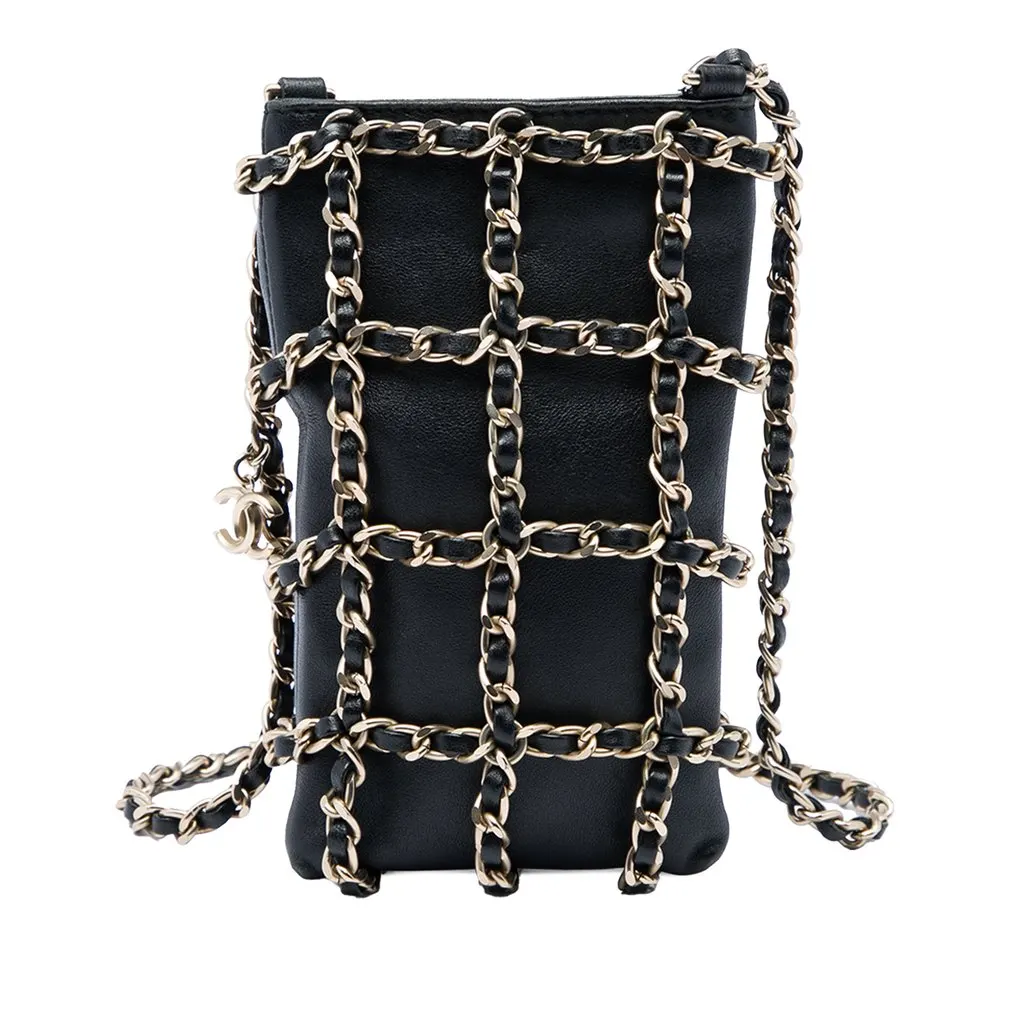 Chanel Lambskin Tech Me Out Clutch With Chain Black Leather Very good - Front View