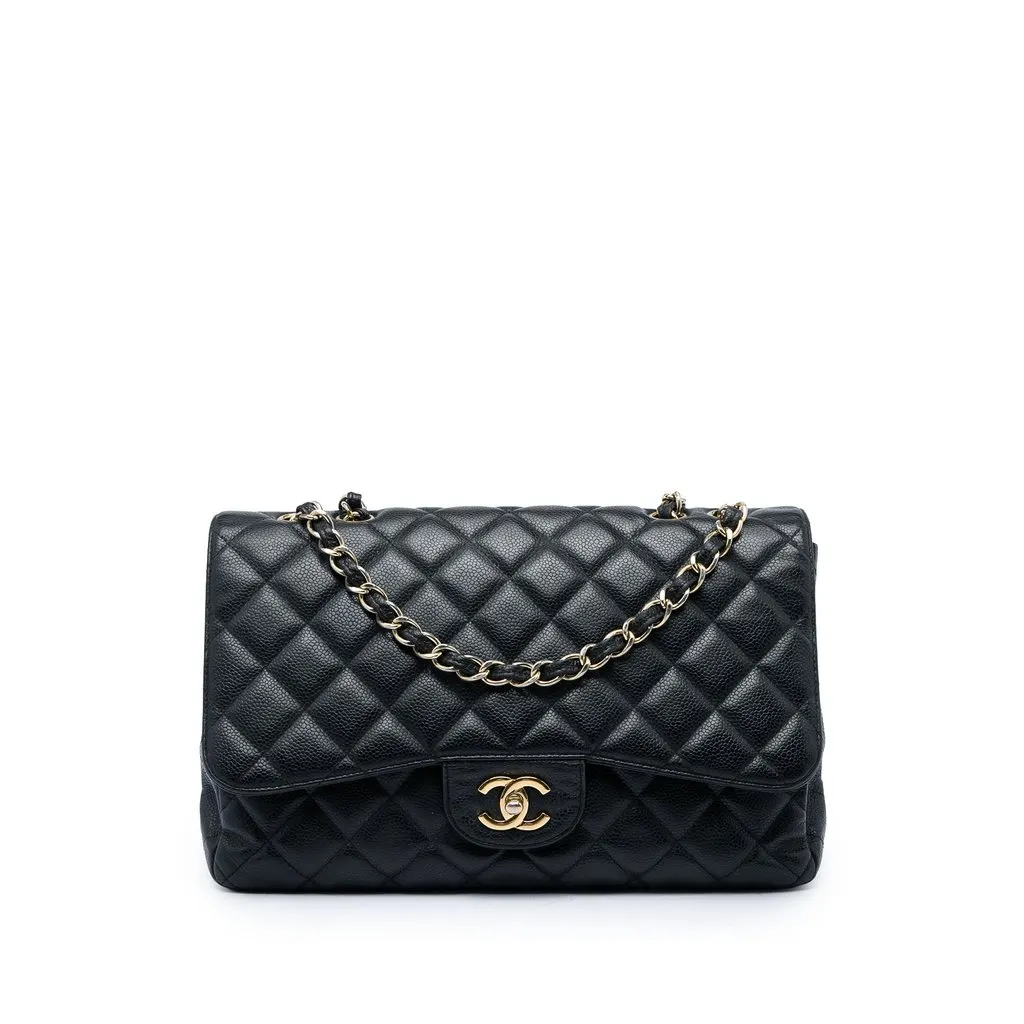 Chanel Jumbo Classic Caviar Single Flap Black Leather Good - Front View