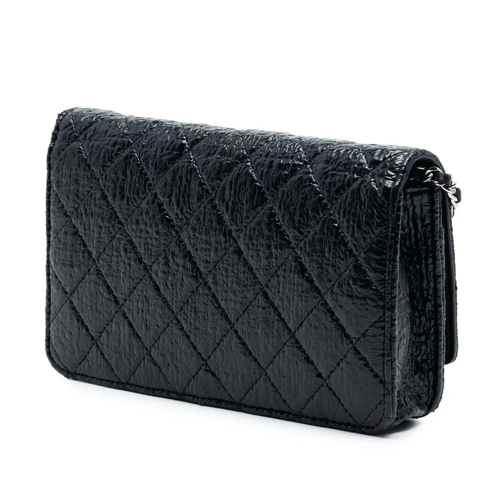 Chanel CC Quilted Crinkled Patent Wallet On Chain Black Leather Very good - Back View