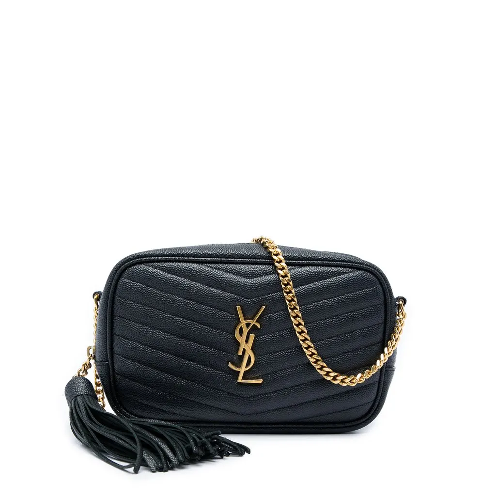 Saint Laurent Mini Grain de Poudre Chevron Monogram Lou Camera Bag Black Leather Good - Front View