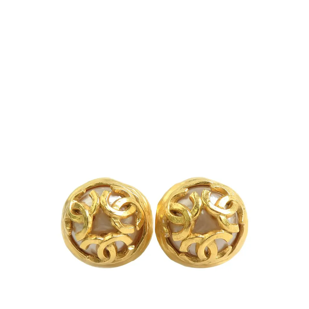 Chanel CC Gold Plated Faux Pearl Clip On Earrings Gold Metal Very good - Front View