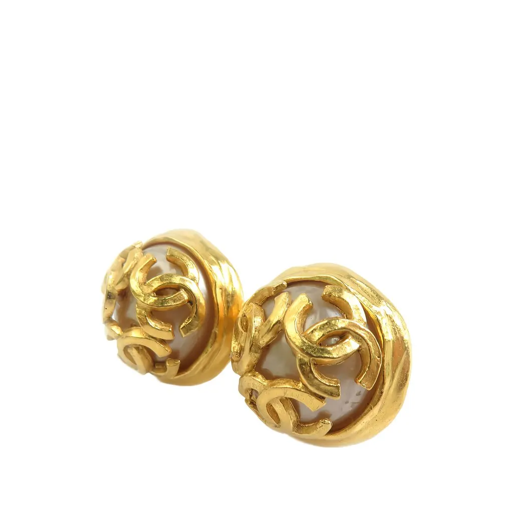 Chanel CC Gold Plated Faux Pearl Clip On Earrings Gold Metal Very good - Box View