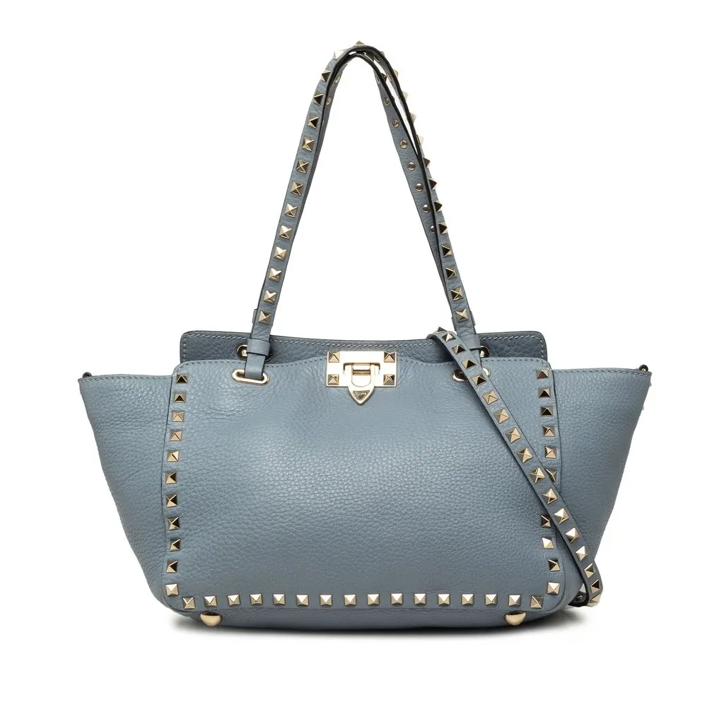 Valentino Small Leather Rockstud Trapeze Satchel Blue Leather Very good - Front View