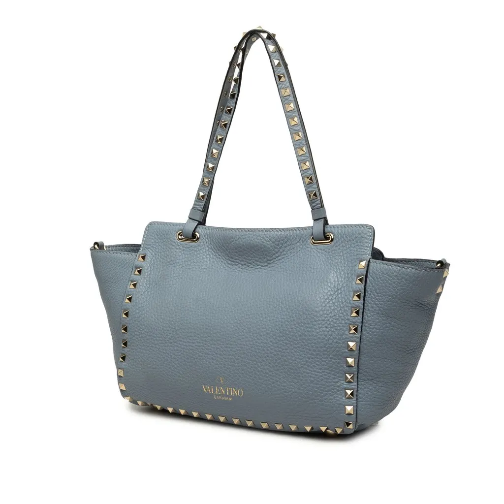 Valentino Small Leather Rockstud Trapeze Satchel Blue Leather Very good - Back View