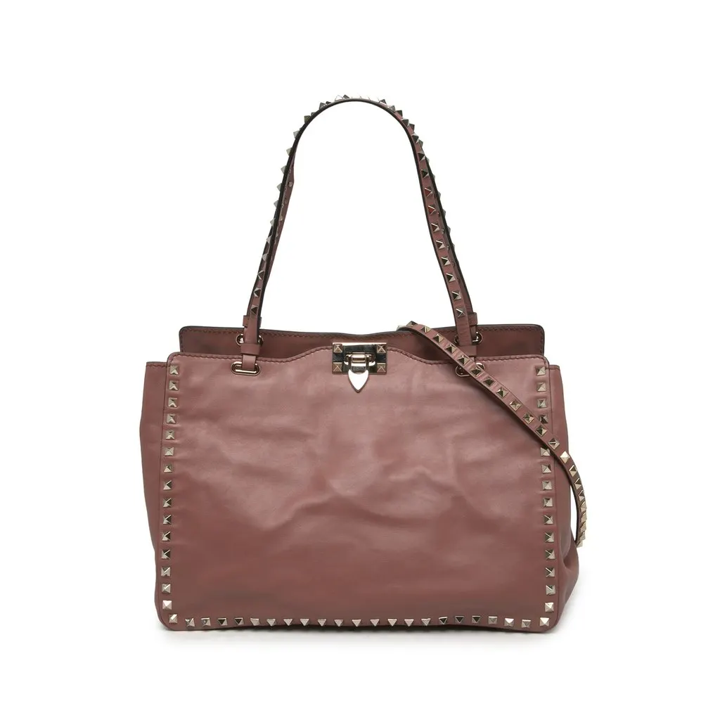 Valentino Medium Leather Rockstud Trapeze Satchel Pink Leather Very good - Front View
