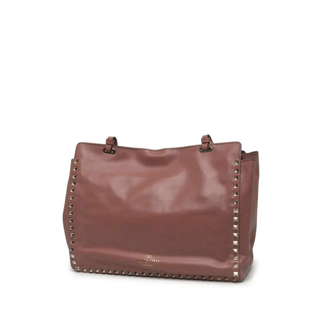 Valentino Medium Leather Rockstud Trapeze Satchel Pink Leather Very good - Back View