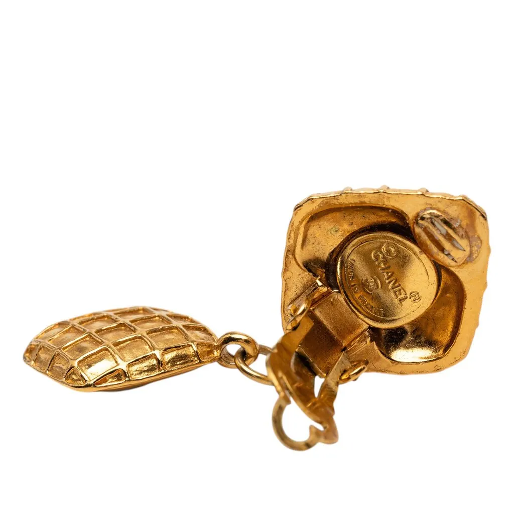 Chanel Gold Plated Quilted Diamond Shape Strass Drop Clip On Earrings Gold Metal Very good - Inside View