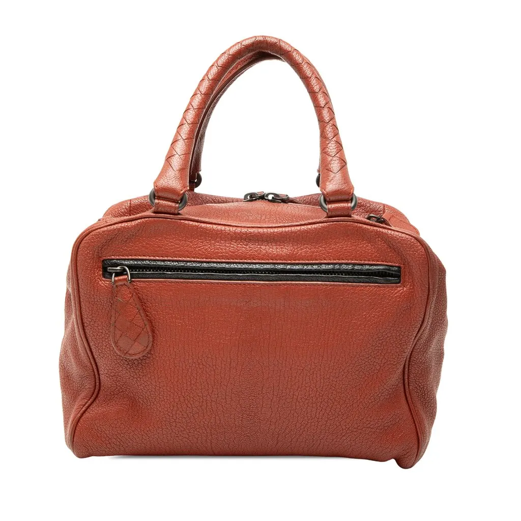 Bottega Veneta Small Intrecciato Trimmed Goatskin Madras Heritage Brera Handbag Brown Leather Very good - Front View