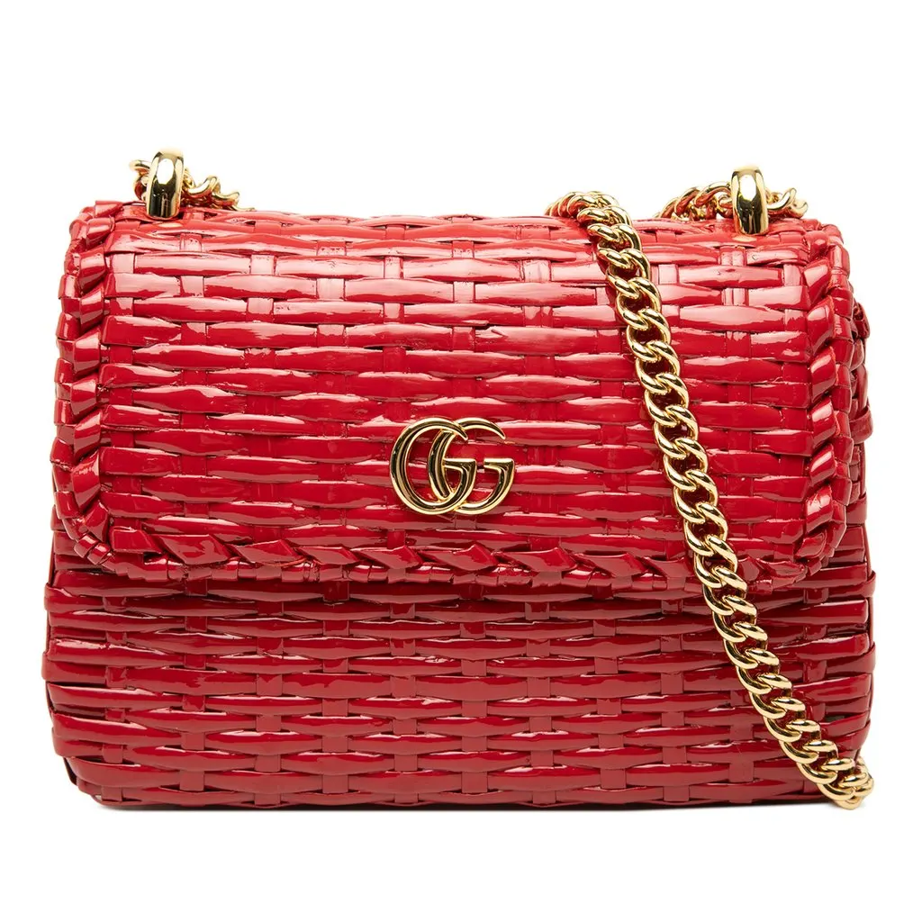 Gucci Mini GG Marmont Glazed Wicker Flap Crossbody Red Rattan Very good - Front View