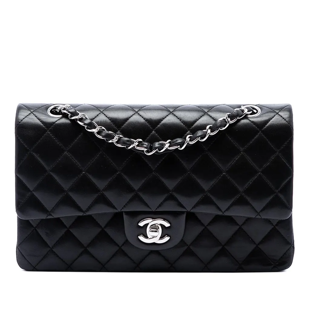 Chanel Medium Classic Lambskin Double Flap Black Leather Very good - Front View